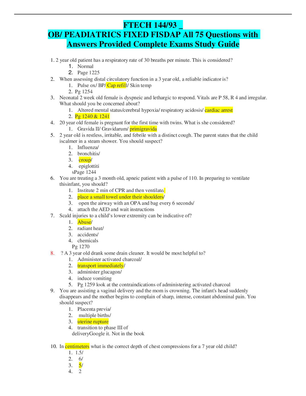 Preview of FTECH 144 93 _ OB PEADIATRIC FIXED FISDAP All 75 Questions with Answers Provided Complete